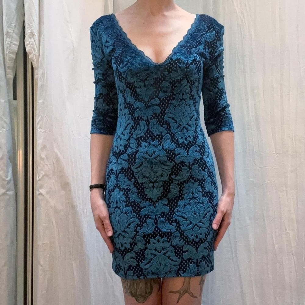 Free People Blue and Black Velvet Lace V-Neck Sheer Nightgown Nighty Small